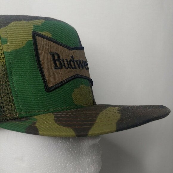 Budweiser Beer Cap Hat Camouflage Green Snap Back Trucker Vintage USA Hunting - Picture 6 of 9
